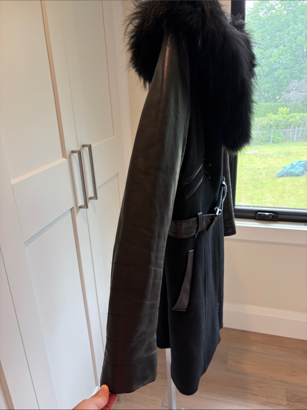 Danier Black Wool and Leather Hooded Trench with Fur Trim - Picture 3 of 11